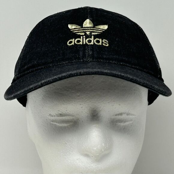 Adidas Trefoil Denim Hat Cap Black Logo Strapback 6 Panel - Picture 2 of 10